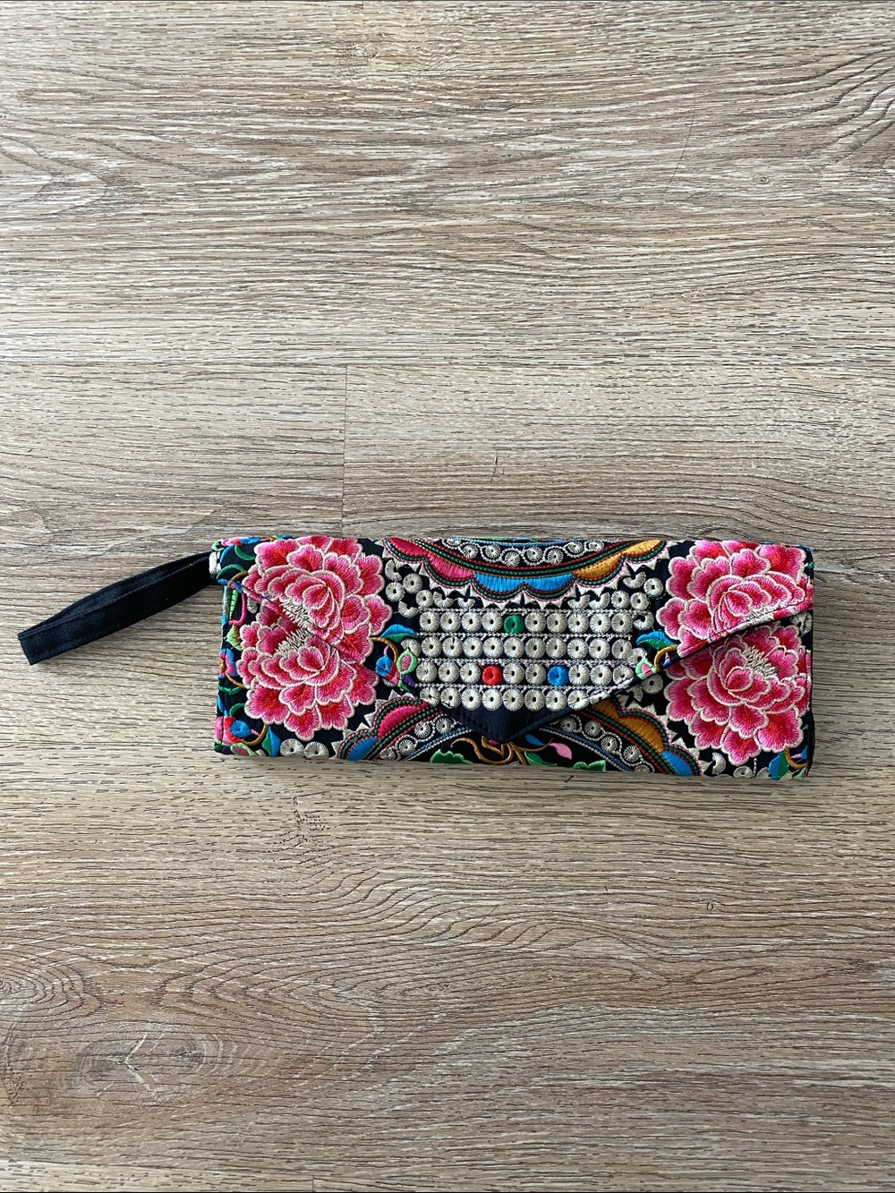 Embroidered Floral Wristlet Clutch from Bali- Black with Pink Flowers